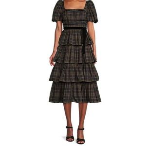 Maisie Plaid Print Square Neck Puff Sleeve Tiered Ruffle Midi Dress